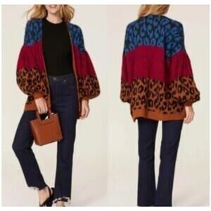 FARM RIO Mixed Ikat Dyed Leopard Print Color Block Sweater Cardigan Cozy Soft S